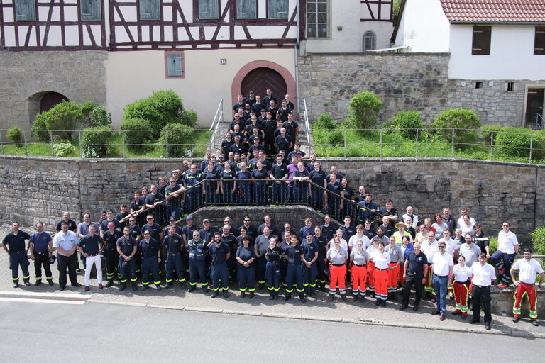 Gruppenbild mit zahlreichen Helfer_innen von THW, Feuerwehr, ASB, Johanniter in Bonnland.
